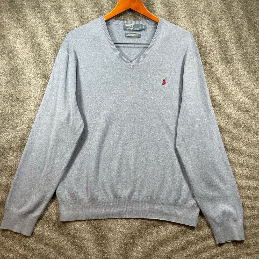 Polo Ralph Lauren V-Neck Sweater Men's Large Blue Pima Cotton Long Sleeve